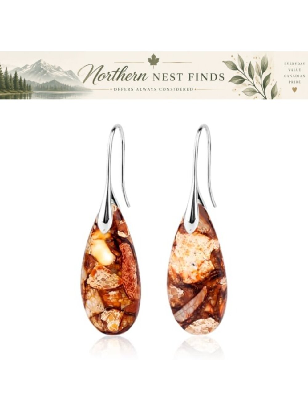 Natural Imperial Stone Fishhook Dangle Drop Earrings Copper Teardrop Statement